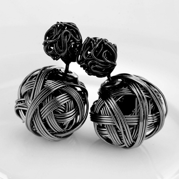 Metallic Black Weaved Double Ball Stud Earrings - Picture 3 of 7